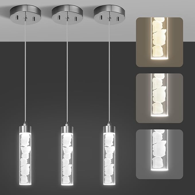 Pendant Lights Kitchen Island 3 Pack,3CCT Modern Crystal Stone Pendant Light Fixtures,Dimmable LED Kitchen Island Lighting,Adjustable Chrome Hanging Light Fixture for Dining Room Hallway, ETL Listed