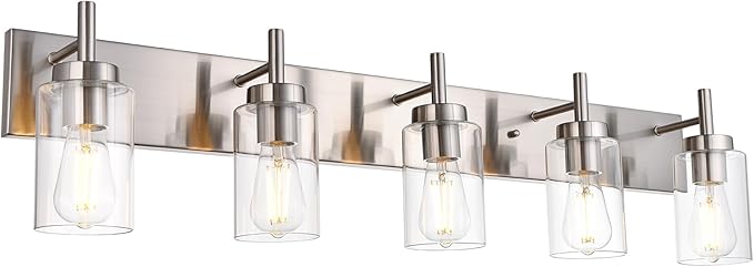 VINLUZ 5 Lights Bathroom Vanity Light Fixture Brushed Nickel Sconces Wall Lighting Modern Industrial Indoor Wall Mounted Lamp for Kitchen Living Room Dining Room (Patent No.: US D958,438 S)