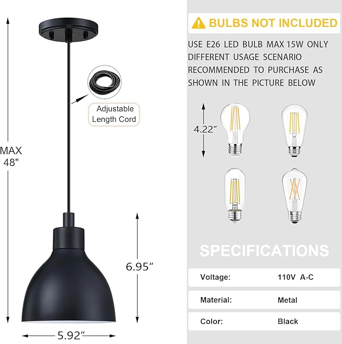 Single Hanging Kitchen Island 6" Drum Industrial Metal Pendant Ceiling Light Fixtures for Over Sink,Dining Room,Corridor,Entryway,Hallway 4 Pack Black