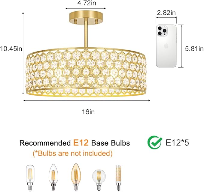 Gold Crystal Ceiling Light Fixture - Modern Semi Flush Mount Ceiling Chandelier Lighting for Kitchen, Dazzling Prism Chandelier for Bedroom, Bathroom, Dining Room, 5 Light, 16 in