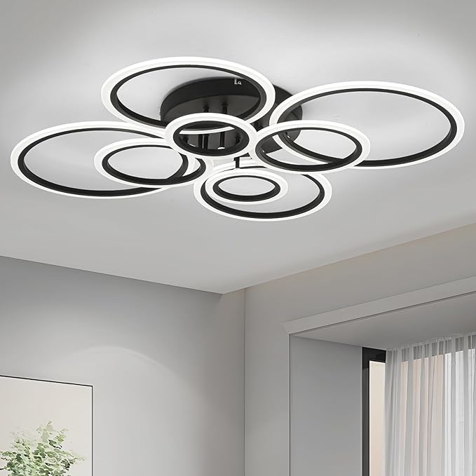 Vikaey Modern LED Flush Mount Ceiling Light, 8 Rings Black Close to Ceiling Light Fixtures, Living Room Lighting Ceiling Lamp for Dining Room, Bedroom, Kitchen, 4000K Not Dimmable