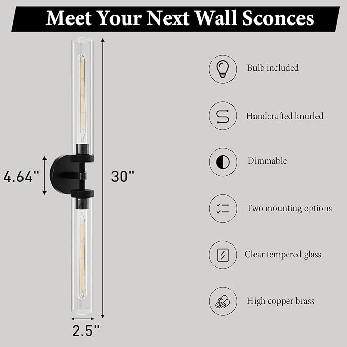 Knurled Brass Tube Wall Sconce - Luxury Modern Dimmable Sconces with Bulbs - Black Glass Vanity Light Fixture - Vertical or Horizontal Mounted Indoor Lighting for Bathroom Bedroom Living Room