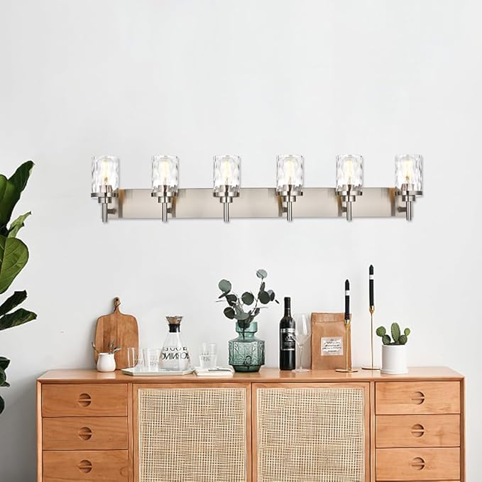 Bathroom Vanity Lighting Fixtures 6 Lights,Brushed Nickel Bathroom Vanity Lights with Clear Hammered Shade Wall Sconce Lighting Modern Farmhouse Bath Lighting