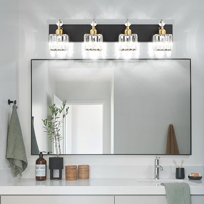 PRESDE 4-Light Crystal Vanity Light for Bathroom Modern Black and Gold Bathroom Lights Fixtures Over Mirror Modern Bath Wall Lighting