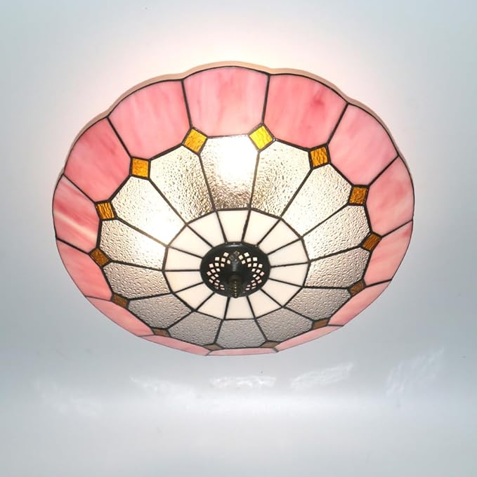 Tiffany Style Ceiling Light 16 Inch 3-Lights Vintage Pendent Stained Glass Flush Mount Ceiling Light Chandelier Lighting Fixtures for Bedroom Dining Room Living Room (Pink 16 Inch)