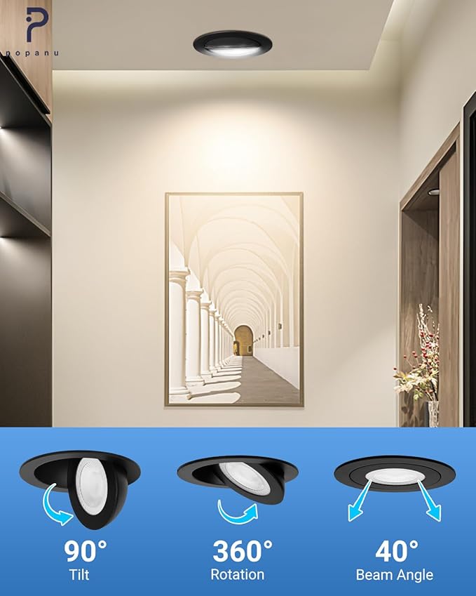 POPANU Recessed Lighting 6 inch - 12W Gimbal Light Eyeball Sloped Ceiling Recessed Spotlight 1300lm Black Trim 90° Tilt Swivel Soffit Wafer Lights 5CCT Adjustable Indoor Dimmable Black 6 inch 6 Pack