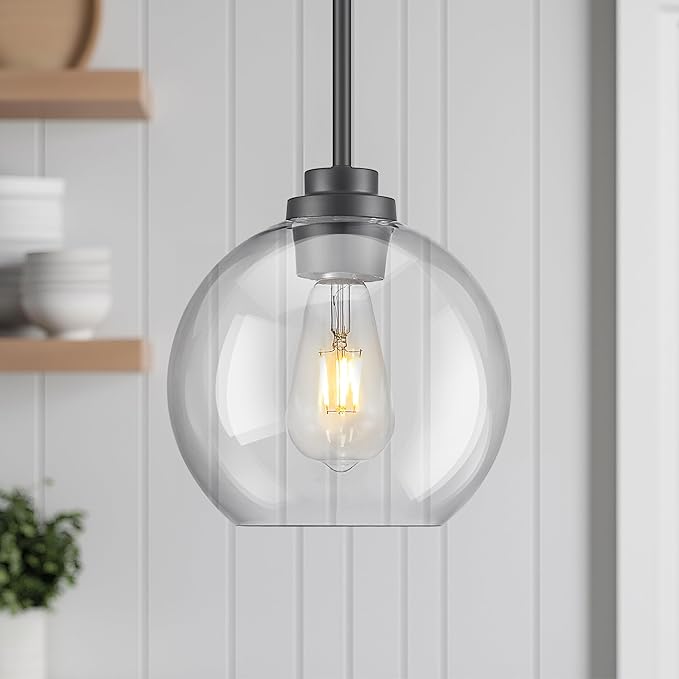 2 Pack Pendant Lights Kitchen Island, 8" Black Pendant Light Fixtures with Globe Clear Glass Shade, Modern Kitchen Island Lighting for Bathroom, AD-22280-2PL-BK