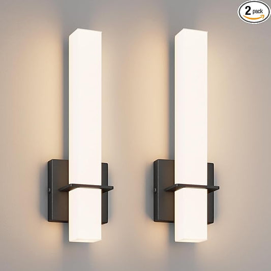 15.7inches Modern Led Wall Sconces,18W 3000K 1200Lumen Bathroom Vanity Wall Lights with White Acrylic Lampshade,Indoor Hardwired Wall Lamp for Bedroom Living Room(Black,2-Pack)