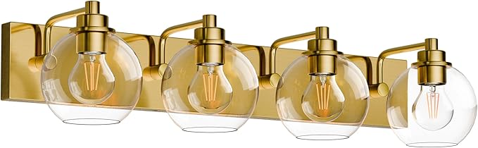 Espird 4 Light Bathroom Light Fixtures-Brushed Gold Bathroom Vanity Lights, Modern Vanity Lights 4-Light Bathroom Lighting Fixtures Over Mirror with Clear Glass Globe Shade