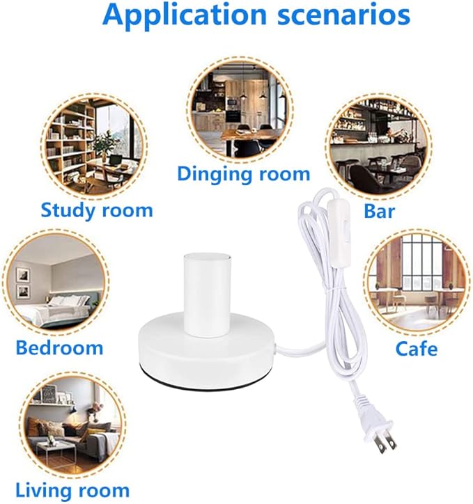 Industrial Table Lamp Base,Small Polished Metal Desktop Light Sockets Base Only,Vintage E26/E27 Edison Screw Light Bulb Holder Base,with 6ft Cord Switch Plug Bulb Base Holder（White）
