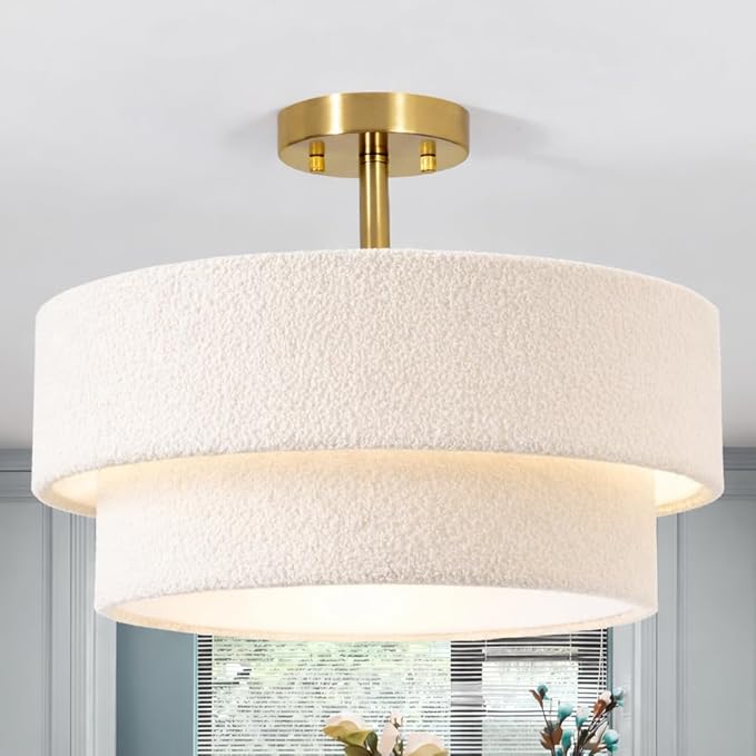 16.5'' Semi Flush Mount Ceiling Light, 3-Light Gold Ceiling Light Fixture with 2-Layer White Plush Shade, Farmhouse Drum Close to Ceiling Light for Living Room, Hallway, Bedroom, Kitchen, Dining Room