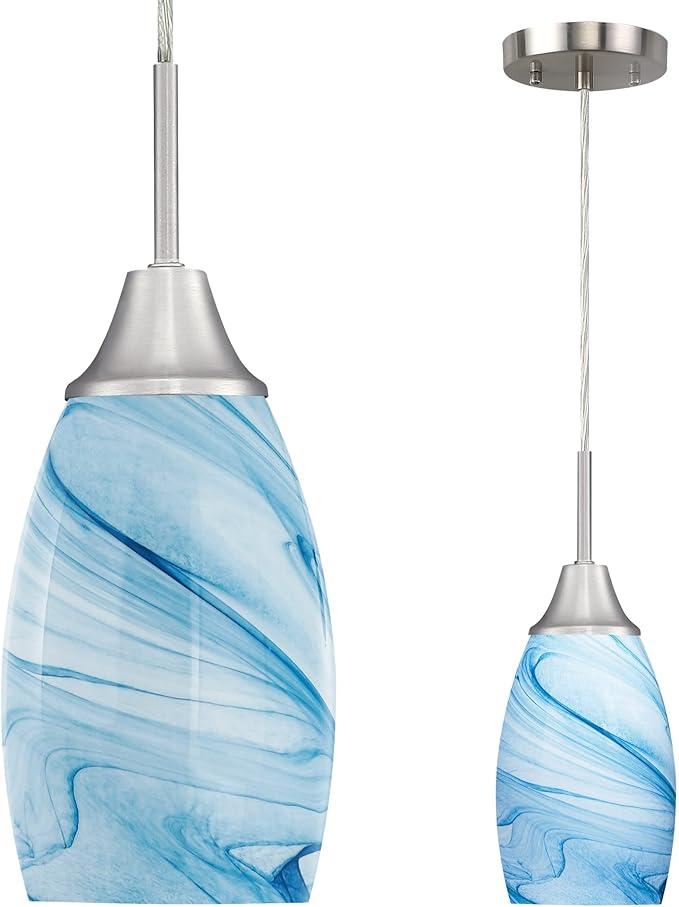 Viinew Mini Glass Pendant Light 1-Pack with Handblown Blue Marble Art Oval Glass Lamp Ceiling Hanging Light 4.72" Small Chandelier for Dining Room Kitchen Foyer Hallway