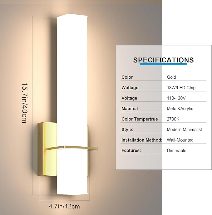 15.7inches Modern Led Wall Sconces,18W 3000K 1200Lumen Bathroom Vanity Wall Lights with White Acrylic Lampshade,Indoor Hardwired Wall Lamp for Bedroom Living Room(Gold,2-Pack)