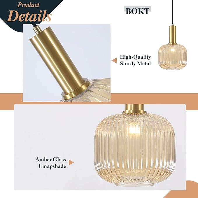 BOKT Modern 2-Pack Glass Pendant Lights Open Amber Ball Ceiling Pendant Lighting Fixture Adjustable Cord Hanging Light Lights Set of Two for Kitchen Island Entryway Dining Room