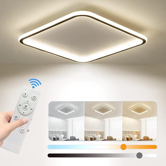 Modern LED Ceiling Light, 23.6IN Square Black Flush Mount Ceiling Lights Fixture with Remote Control, Acrylic Ceiling Lamp for Bedroom Hallway Kitchen Island, 3000k-6500k Dimmable