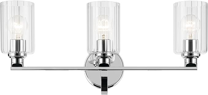 Kichler Gioe 24.25" 3-Light Bathroom Vanity Light Fixture with Clear Fluted Glass in Chrome, Damp Rated for Bathroom Over Mirror, Modern Style (24.25" W x 10.5" H), 55226CHFLU