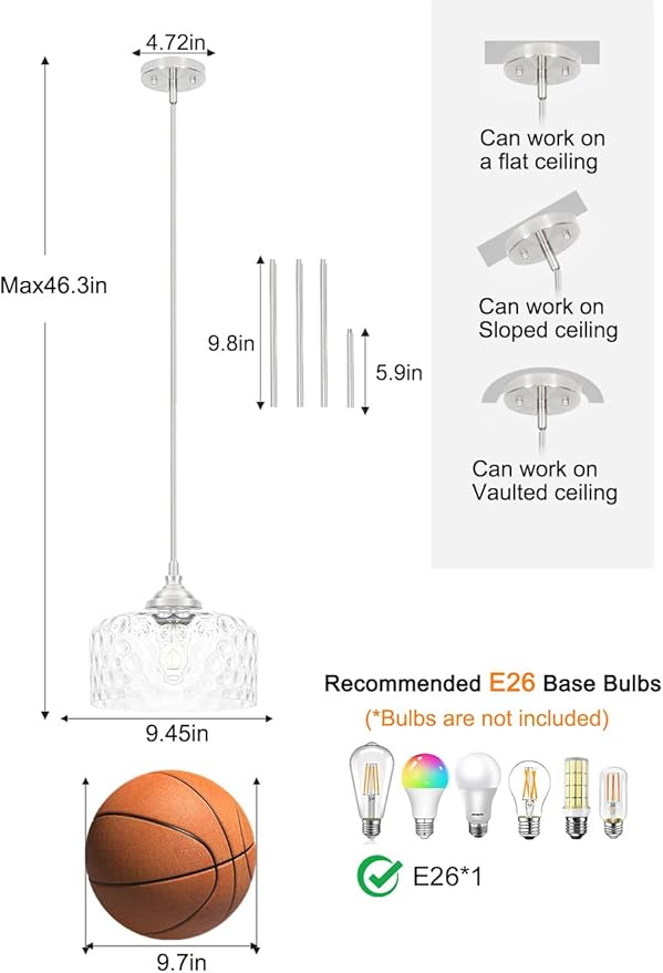Brushed Nickel Pendant Lights Kitchen Island, Modern Hammered Glass Kitchen Pendant Lighting Over Island, Hanging Bathroom Light Fixtures Adjustable Pendant Light for Hallway Entryway Dining Room