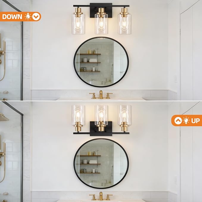 Bathroom Light Fixture Black Gold Vanity Lights Over Mirror, 3 Light Wall Sconces Lighting with Clear Glass Shades, Modern Wall Lights Wall Lamp for Mirror, Hallway Kitchen Bedroom Cabinet