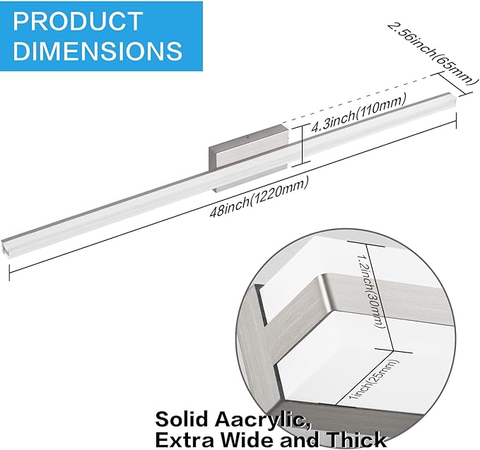 SOLFART Bathroom Vanity Lights Over Mirror 48 Inch Dimmable Brushed Nickel Bathroom Light Fixtures 30W LED Lights S8200-1220mm-NK-D