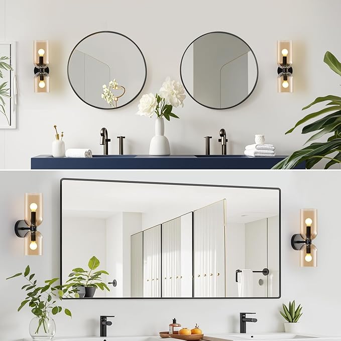 Modern Glass Wall Sconces- Double Head Wall Lighting with Long Short Glass Shades- Bathroom Vanity Light Mid-Century Up Down Hardwired Wall Lamp Indoor for Bedroom Hallway Living (Black-Amber)
