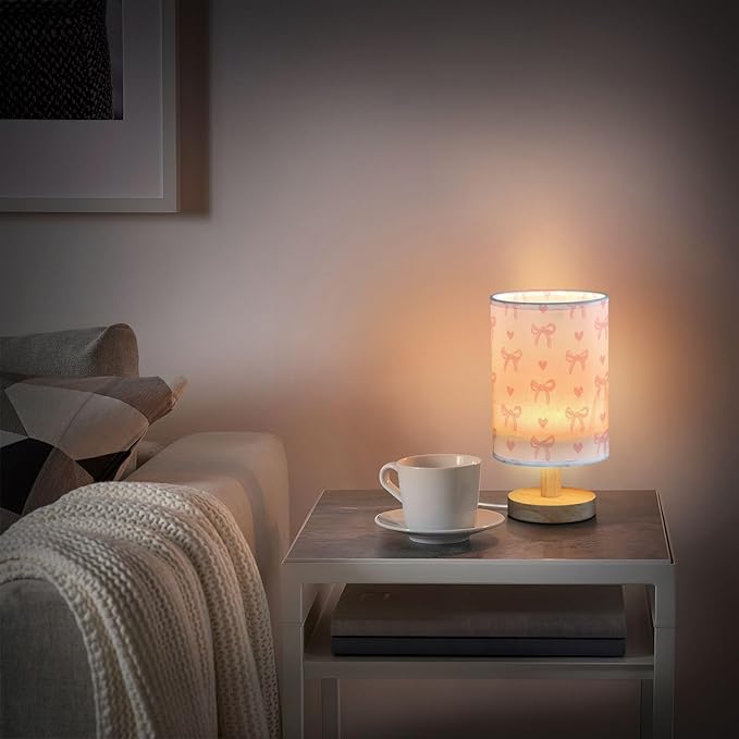 Aslsiy Cute Coquette Pink Bow Bedside Table Lamp White Nightstand Lamp Night Light Fabric Shade for Bedroom Living Room Home Office