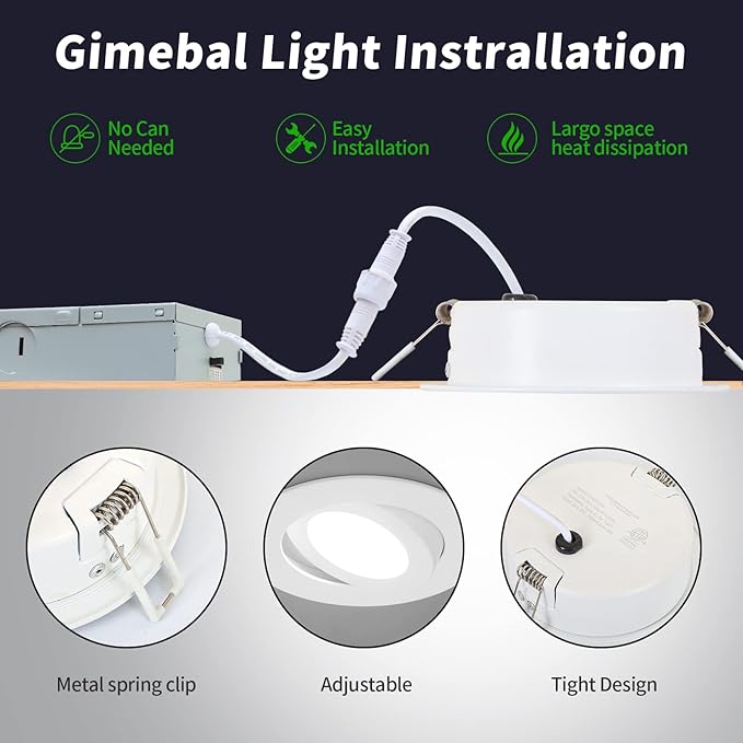 KnLnny Ware Gimbal Recessed Lighting 4 Inch 6 Pack, LED Recessed Light Dimmable with Junction Box,Adjustable Recessed Lighting, Air Tight,ETL Listed,9W 750LM,5 CCT Selectable