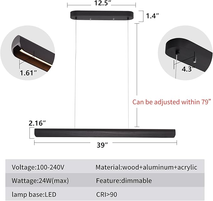 YISDESIGN 39inch Integrated Led Pendant Light,24w Dimmable Wood Linear Pendant Lighting,Led Modern Island Light with Black Finish,for Kitchen Island,Dining Room,Billiard & Pool Lights