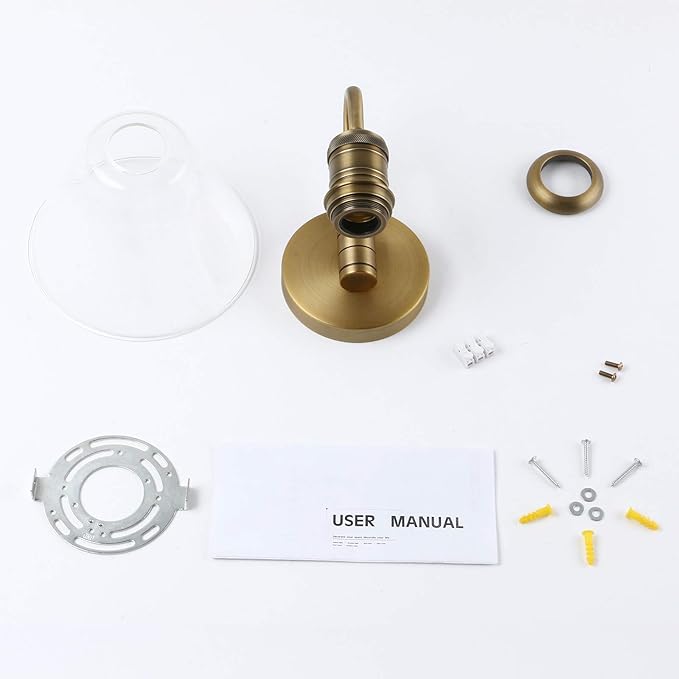 Yosoan 1-Light Brass Modern Vintage Indoor Wall Sconce, Vanity Single Luxury Hardwired Retro Textured Clear Funnel Flared Glass Shade with Industrial Curved Rod Bathroom Lamp(Antique)