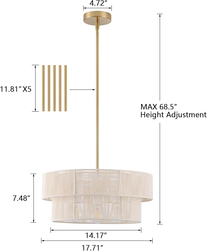 Hand Woven Rattan Chandelier Boho Pendant Light, Adjustable Coastal Hanging Light for Kitchen Island Dining Room Living Room, White, UL Listed