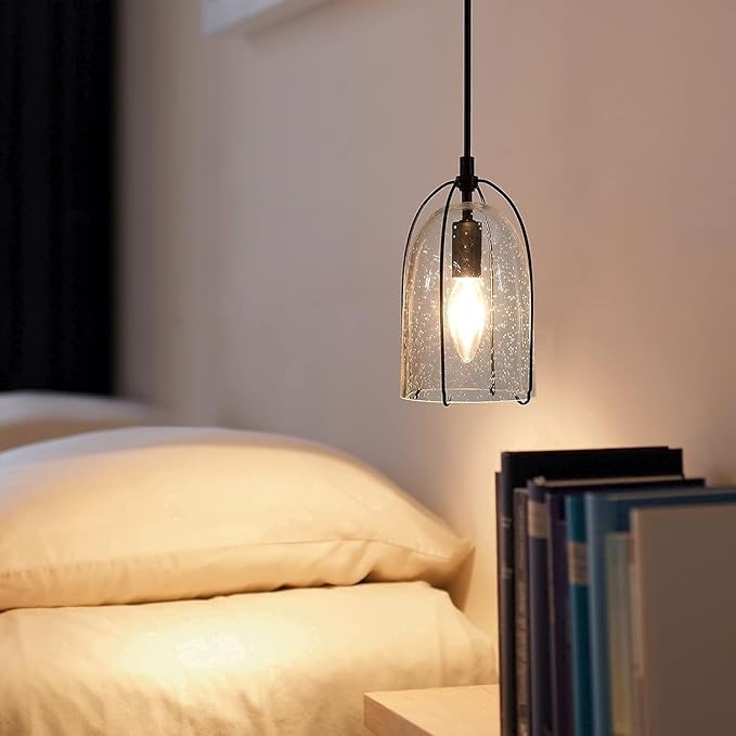 KSANA Modern Black Pendant Light, Farmhouse Pendant Lighting Fixture with Seeded Glass Shade for Kitchen Island, Dining Room, Living Room, Entryway, Stairway and Hallway