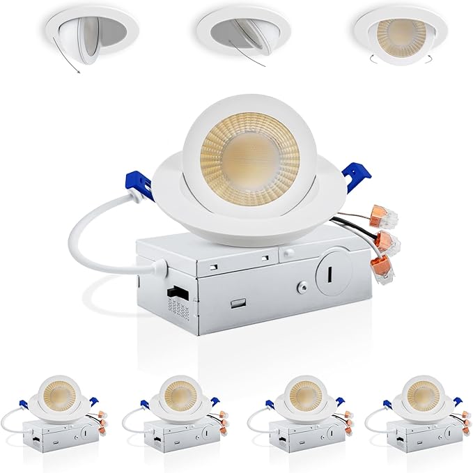 Adetu 3 Inch Gimbal Led Recessed Lighting, 360°+90° Adjustable Directional Recessed Lights, 2700K/3000K/3500K/4000K/5000K Dimmable Eyeball Canless Downlight with Jbox, ETL (White, 4 Pack)