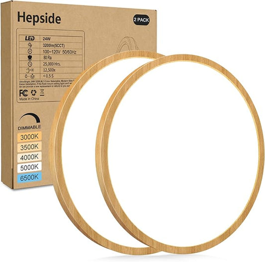 hepside 2Pack LED Flush Mount Ceiling Light Fixture, 12Inch 24W, Dimmable&3000K/3500K/4000K/5000K/6500K Adjustable Low Profile Ceiling Lights, Round Flat Ceiling Light for Closet,Kitchen,Hallway-Wood