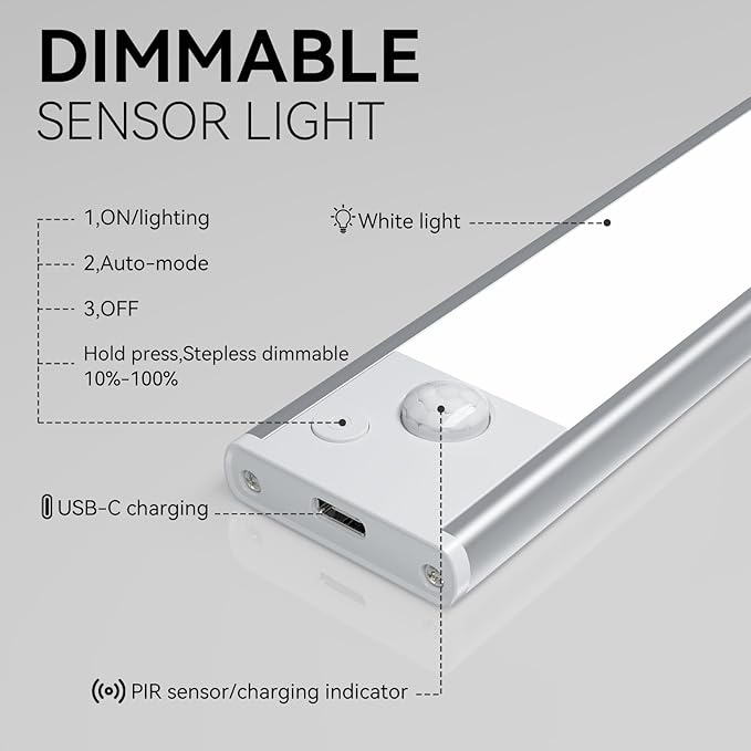 13.7inch Under Cabinet Lighting, LED Magnetic Motion Activated Under Cabinet Lights, Rechargeable Closet Lights 2800mAh Battery Operated, Wireless Dimmable Under Counter Lights for Kitchen 2 Pack