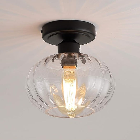 Fivess Lighting Industrial Glass Flush Mount Light Fixture Clear Glass Shade Rustic Semi Flush Mount Ceiling Light for Hallway Entryway Kitchen Farmhouse, Black