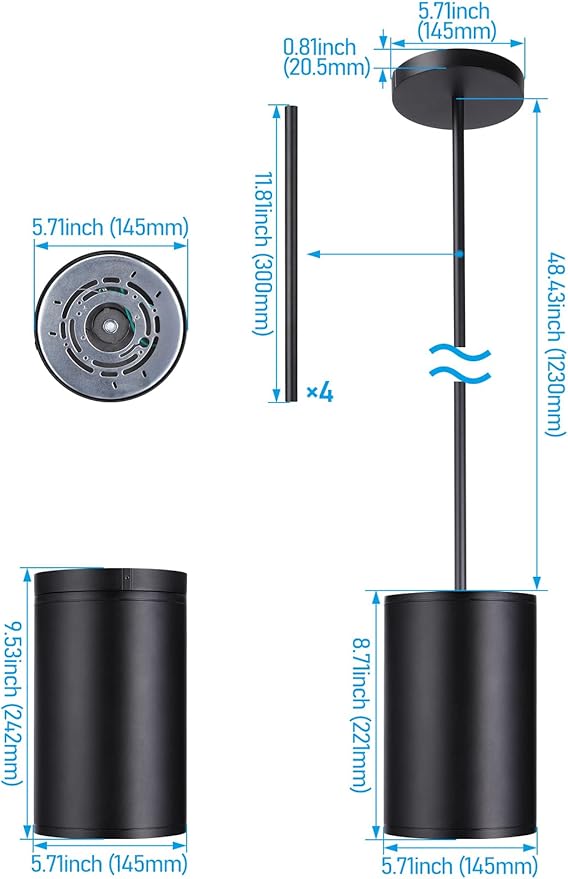 LEONLITE 5CCT 6 Inch LED Tube Architectural Pendant Downlight, Stem Mount & Surface Mount Available, 120-277V, CRI90 Dimmable Commercial Cylinder Pendant Light, 3-Wattage Selectable, Black, Pack of 2