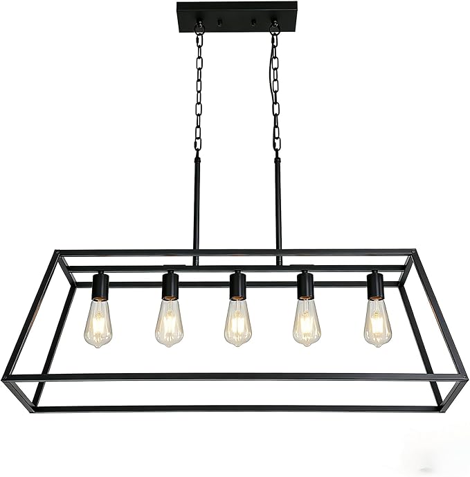 Black 5-Light Farmhouse Kitchen Island Lighting, Modern Industrial Linear Rectangle Chandelier Pendant Light Fixtures, Metal Vintage Cage Chandelier for Dining Room Kitchen Bar Foyer, E26 Base