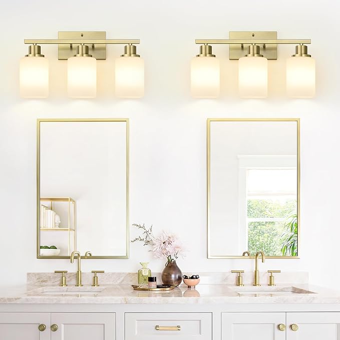 MOKATNG 3-Light Bathroom Light Fixtures, Aged Brass Vanity Light with Milky White Shades, Bathroom Lighting Fixtures Over Mirror, Modern Bathroom Wall Lamp for Mirror Living Room Cabinet Bedroom