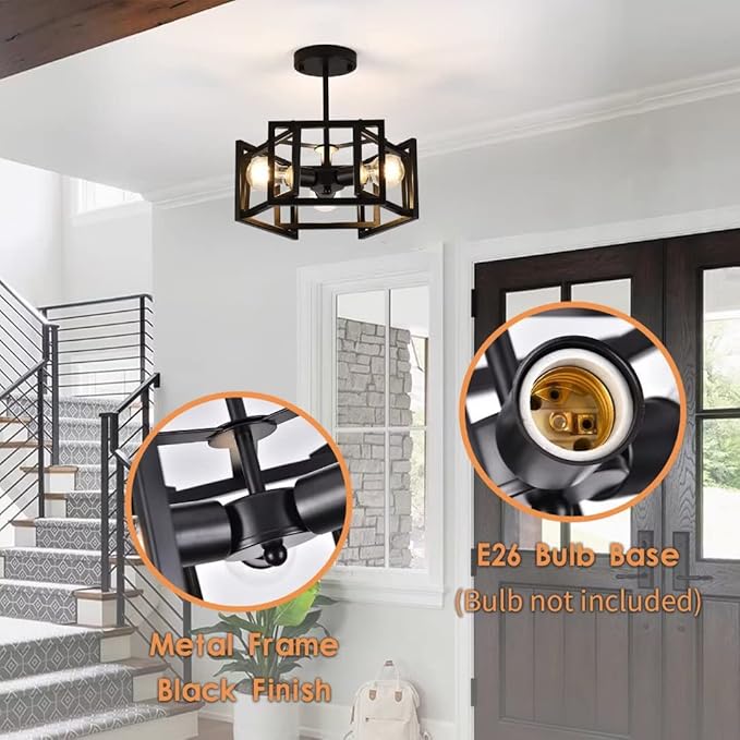 Semi Flush Mount Ceiling Light Fixture,3-Light Black Light fixtures Kitchen Ceiling Light Fixture for Hallway Kitchen Bedroom Living Room Bathroom Entrance