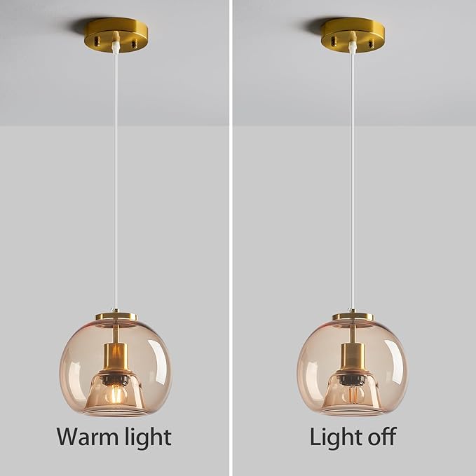 Light Coffee Glass Pendant Lights Kitchen Island Gold Hanging Light Fixture Glass Globe Pendant Light Modern Pendant Lighting for Kitchen Island Bedroom Dining Room (7.87", 3 Pack)