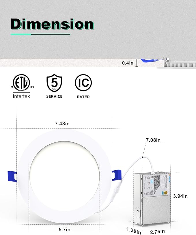 VOLISUN 12 Pack 7 inch Recessed Lighting, 5CCT LED Recessed Light with Junction Box, 2700K-5000K Selectable, Dimmable Canless Wafer Downlight, LED Ceiling Light ETL Certificated