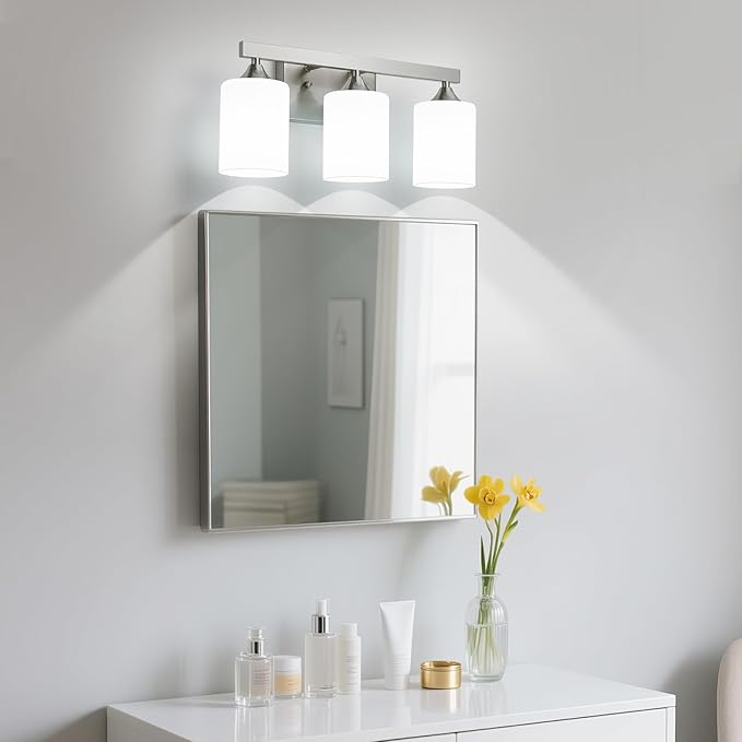 ZHU YAN Brushed Nickel Vanity Light,3 Light Bathroom Lighting Fixtures Over Mirror,Milky White Glass Shades Wall Sconces,Vanity Lights Fixtures for Mirror Bedroom Hallway E26 Socket