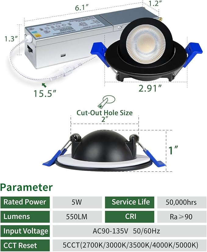 zouzai 2 Inch 5CCT Gimbal Black Led Recessed Lighting with Junction Box, 360°+90° Adjustable Led Recessed Lights, 2700K/3000K/3500K/4000K/5000K, 5W Eqv 50W, 550LM Brightness - ETL (Black, 6 Pack)