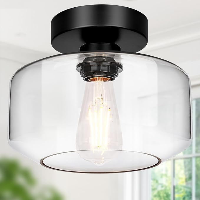 Industrial Semi Flush Mount Ceiling Light, 800 Lumen LED Bulb Included, Clear Glass Shade Ceiling Light Fixture, Farmhouse Light Fixture for Hallway Corridor Kitchen Bathroom Bedroom Passway