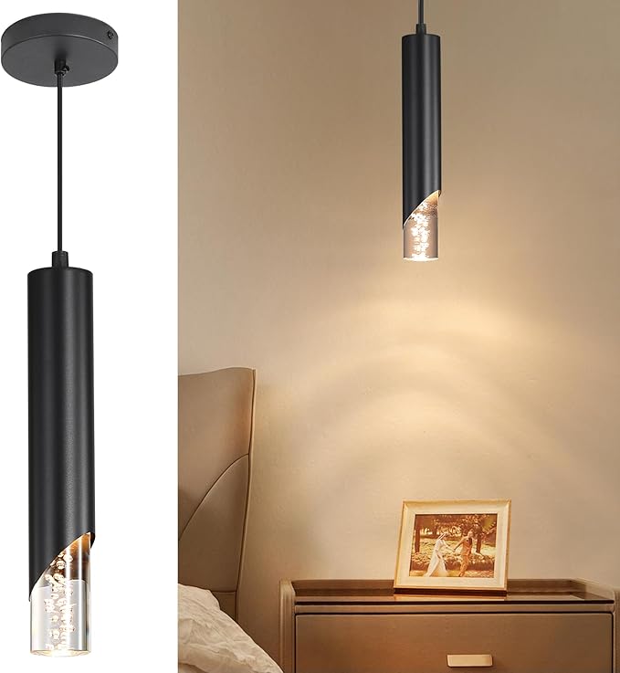 Minimalist Kitchen Island Pendant Lights, Black Modern Linear Hanging Light Fixture, Bubble Acrylic, Adjustable 2700K/4500K/6500K, LED Ceiling Lighting for Dining Room, Bedside, Bathroom, Bar