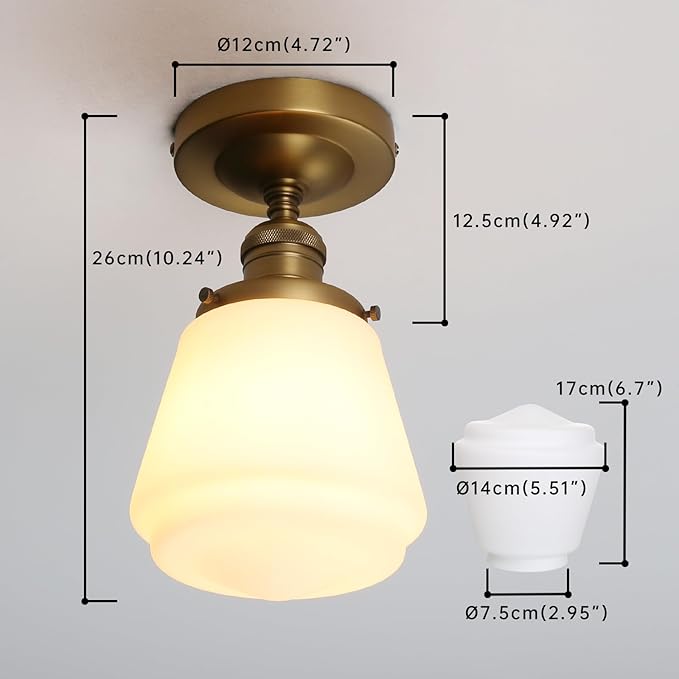 Industrial Semi Flush Mount Ceiling Light with Milk White Glass Pendant Lamp Shade, Vintage Close to Ceiling Light Fixture for Porch, Hallway, Entryway, Kitchen, Bedroom, Hotel