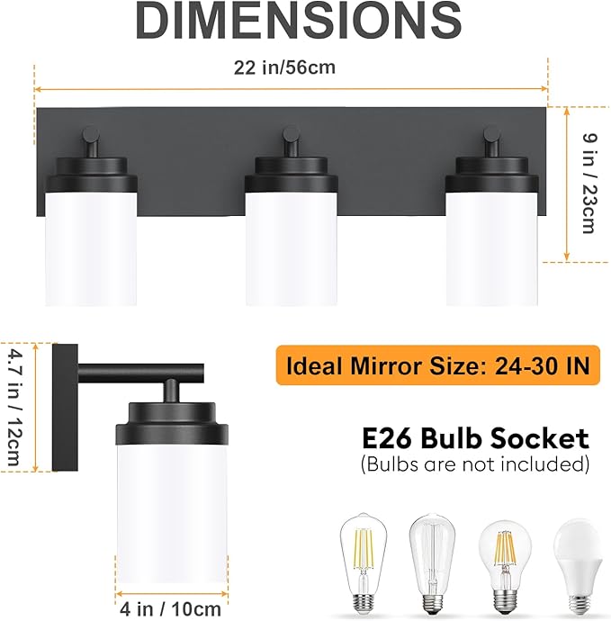 IZORRO Bathroom Vanity Light Fixture, 3-Light 22 Inch Matte Black Bathroom Light Fixtures Over Mirror, with White Glass Shade, Modern Farmhouse Vanity Lights, Rustic Restroom Lighting Fixtures