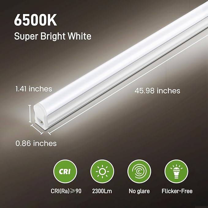 Pak 4FT LED Shop Lights, 2300LM 6500K Cool White, 20W Energy Efficient Linkable Ceiling and Under Cabinet Lighting, T5 Integrated Utility Fixture for Garage, Workshop, Basement, FCC Certified, 8 Pack