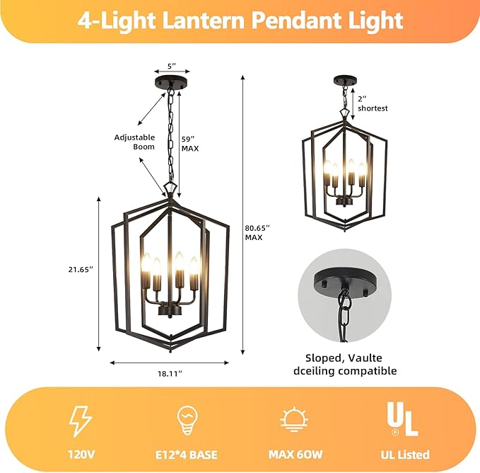 WJShome 18.1" Black Chandelier, 4-Light Farmhouse Dining Room Light Fixture, Industrial Ceilings Foyer Lighting Fixtures, Rustic Lantern Pendant Light, for Kitchen Island, Entryway, Staircase