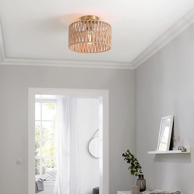 Coastal Antique Gold Woven Flush Mount Light Fixture Rustic Boho Hemp Rope Brass Semi Flush Mount Ceiling Light for Hallway Bedroom Farmhouse Kitchen Entryway Hall