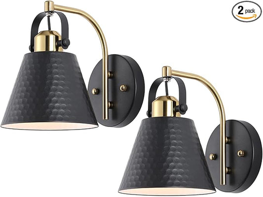 PAZALA Bathroom Sconces Set of 2, Black and Gold Wall Sconces Set of Two, Bathroom Vanity Light with Rotatable Metal Shade, Modern Farmhouse Wall Light Fixtures for Bath Mirror Bedroom Stair Hallway